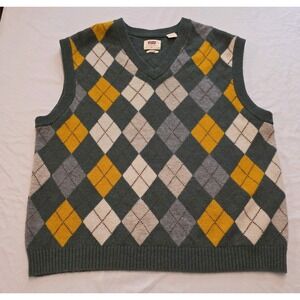 Levi's Golf Sweater Vest 80% Wool Large Green Argyle Academia Geek
